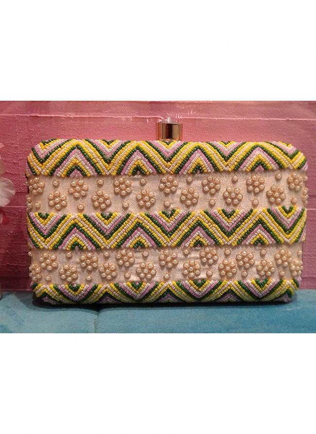Poly Satin Yellow Party Wear Hand Work Clutches
